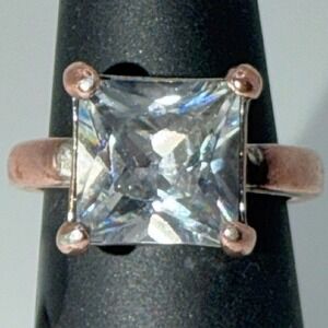 Rose Gold Tone Smoky Gray Glass Ring Size 6.25 Square Cut